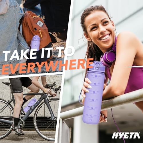 Hyeta Plastic Water Bottle With Straw & Time Marker, 32oz Leakproof Jug - color: Matte Lilac