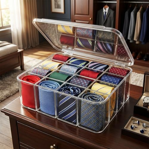 Socks Underwear Drawer Organizer, 16 Compartment Clear Plastic Storage Box with Lid & Adjustable Dividers, Tie Box, Tea Bag Organizer, Acrylic Organizer Box (12x10x3.9 Inch)