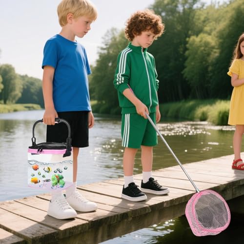 2 Sets Catch Plastic Beach Aquarium Kit, Release Aquarium Box for Beach with Retractable Net Bag and Transparent Portable Handheld(Pink)