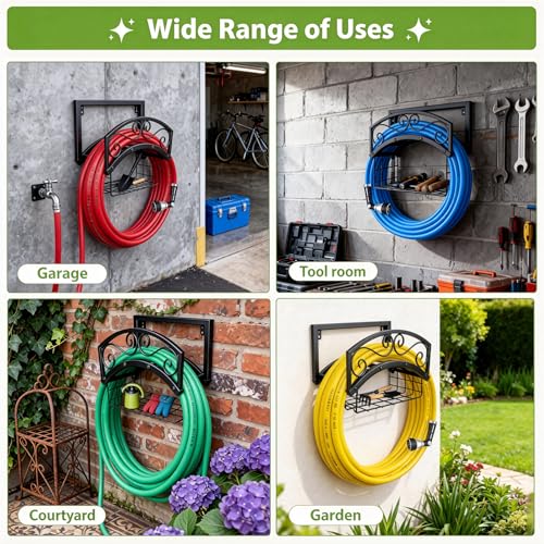 Garden Hose Holder Wall Mount, Heavy Duty Metal Water Hose Holder with Basket for Outside, Hose Storage Holds 150FT Water Pipe for Yard, Lawn, Garden, Farm, Gifts for Women Men - style: Wall Mount with Bracket