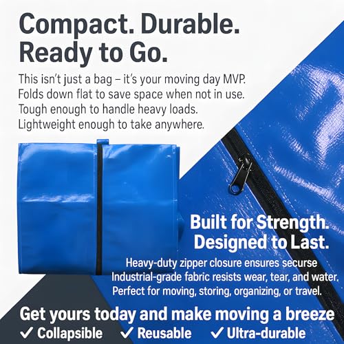 Extra Large Moving Bags - 8-Pack Heavy Duty Storage Duffel - Sturdy Backpack Straps Handles, Zippers - Reusable Moving Storage Bags for Clothes - Folding Collapsible Storage Tote Bag Set – Blue