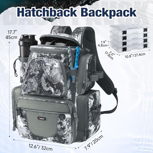 Piscifun Fishing Backpack with 2 Rod Holders & 4 Tackle Boxes, Large Tackle Storage Bag With Rain Cover for Fishing Gear - color: VEIL Camouflage