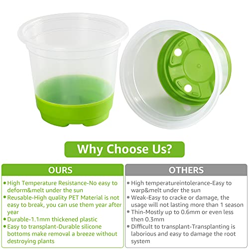 MIXC Thickened Clear Nursery Pots with Silicone Base for Easy Transplant 30 Packs 4 Inch, Transparent Plant Pot Reusable Seedling Pots for Vegetable Propagation, Root Cutting, Seed Starting, Green