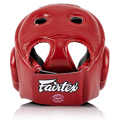 Fairtex HG6 Full Head Guard, Muay Thai Sparring Helmet Protective Headgear | Handcrafted 3-layer padding shell. Lightweight sleek construction shields against elbows during high-intensity ring session - color: Red, size: Medium