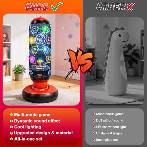 Kids Punching Bag with Gloves & Pump, Inflatable Boxing Set Electronic Boxing Bag with Music & Lights, Freestanding Martial Arts Toy with 4 Smart Game Modes, Birthday Gift for Boys and Girls Ages 4-12