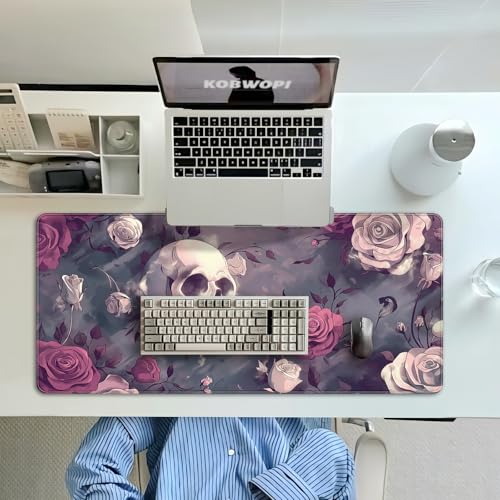 35.4 x 15.7 in, XXL Large Mouse Pad for Desk, Extended Keyboard Mouse Mat for Computer Office, Big Mouse pad with Stitched Edges, Gaming Pc-Skull red Pink Rose Butterfly - color: Skull red Pink Rose Butterfly