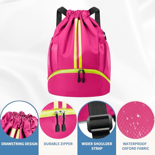 JELUTAR Drawstring Backpack Gym Bag with Shoes Compartment, Rose - color: Rose, size: Medium