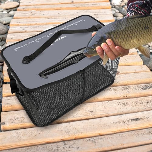 SANLIKE Floating Fishing Basket Collapsible Fishing Net Cage, Rubber Coated Net Fish Basket for Live Caught Fish Minnows Bait Bucket Minnow Trap, 24L/40L/59L,Black/Grey - color: L-59L-Grey
