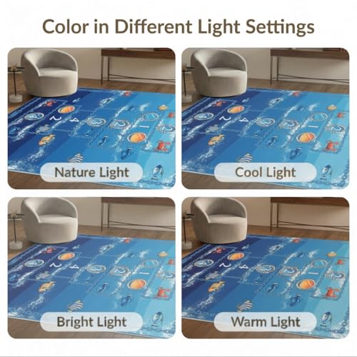 9'x12' Washable Graphic Fish Oversized Rug, Blue Non-Shedding Pet Friendly Carpet Foldable Easy Care Mat for Master Suite, California King, Under Bed | Ref:2049617