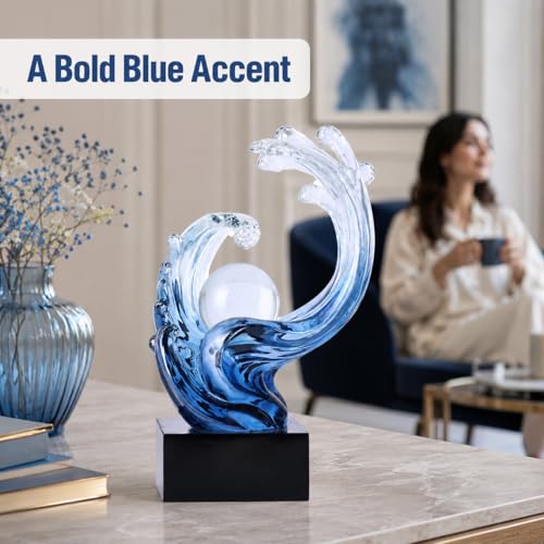 Blue Ocean Wave Statue for Beach House Decor,Resin Modern Abstract Art,For Coastal Nautical Office Surfers Gifts,Coffee Table,Tv Stand,Dining Table Center Decorative Shelf Decor Accent for Men (Blue)