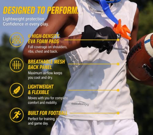 COOLOMG Youth Football Padded Shirt Chest Rib Protector - color: White-6pad, size: Large