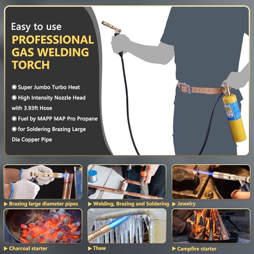Propane Torch Hose Kit Long 3.93 ft- Heavy Duty MAPP Gas Torch Head with Adjustable Heat,Heat 2600℉ Soldering for Piping, Copper Tubing, Professional Grade DIY Soldering Kit - color: Gold