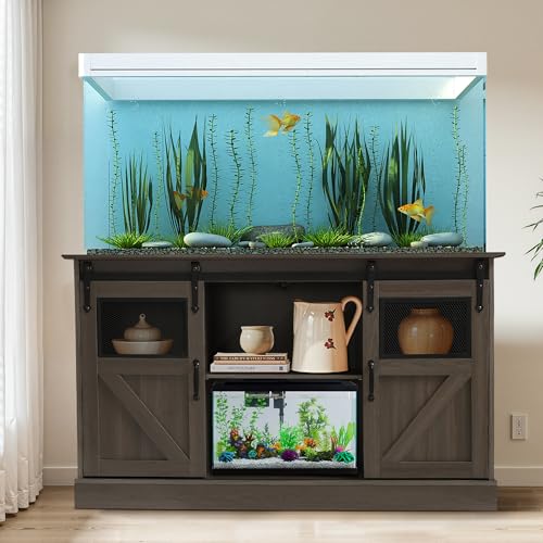 55-75 Gallon Large Fish Tank Stand with Power Outlet, Heavy Duty Aquarium Stand with Sliding Barn Doors, Turtle Reptile Terrarium Stand with Cabinet for Accessories Storage, 1300LBS (Gray)