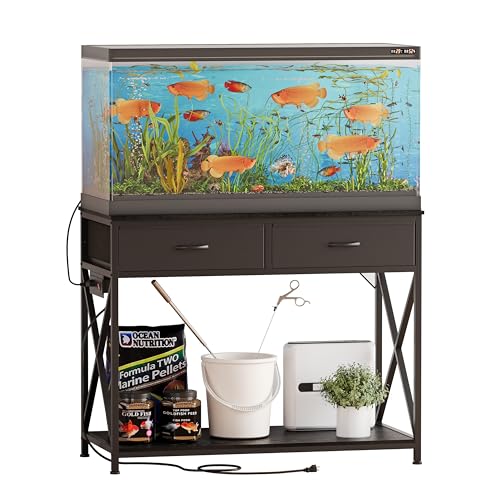 40-50 Gallon Fish Tank Stand,Aquarium Holder with Power Outlet and 2 Drawers,Heavy Duty Breeder Turtle Terrarium Stand Suitable for Turtle Tank, Reptile Terrarium, for Home Office (Black)