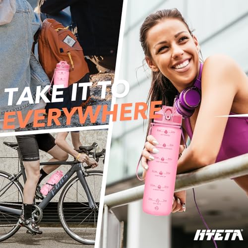 Hyeta Plastic Water Bottle With Straw & Time Marker, 32oz Leakproof Jug - color: Matte Pink
