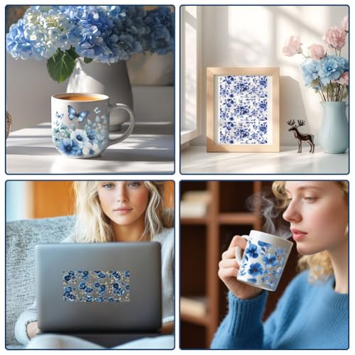 10 Sheets Flower UV DTF Cup Wraps for 16 OZ Glass, Blue Flower Rub on Transfers Waterproof PVC UV DTF Transfer Stickers for DIY Laptop Phone Case Decor - style: Blue Flower