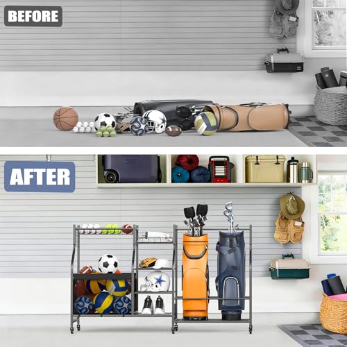 WALMANN Golf Bag Storage with Wheels, Rolling Sports Equipment Organizer | Large Capacity Garage Storage Cart for Balls, Golf Bags, Sports Gear - style: Rolling Stand for 2 Bags