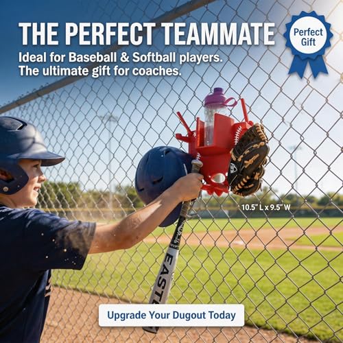 Baseball Softball Dugout Organizer - Fence-Mounted Hanging Holder for Bat Glove Helmet & Water Bottles - with Secure Clips - Heavy-Duty PLA 3D Print, Keeps Dugout Neat & Accessible - color: Red