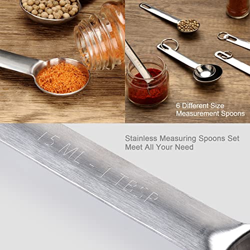Upgrade Stainless Steel Measuring Spoons Set, Small Tablespoon, Teaspoons, Set 6 with Bonus Leveler, Etched Markings and Removable Clasp for Dry and Liquid, Fits in Spice Jars - size: 7 pieces
