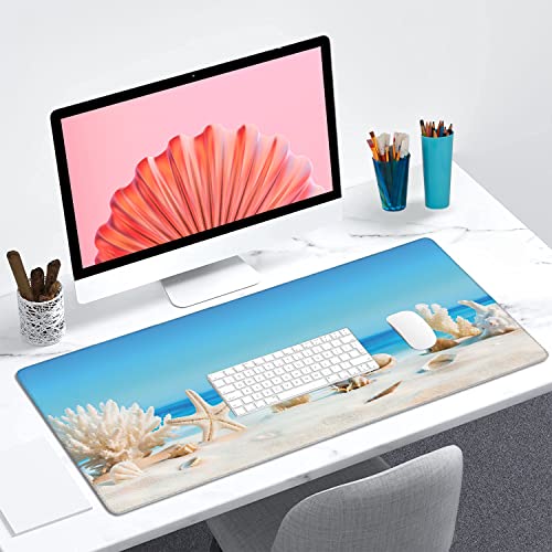 Seashells on Tropical Beach Extended Gaming Mouse Pad Large Desk Mat with Non-Slip Rubber Base and Stitched Edges,Keyboard Mouse Mat Desk Pad for Work,Game,Office,Home 35.4 * 15.7 Inch