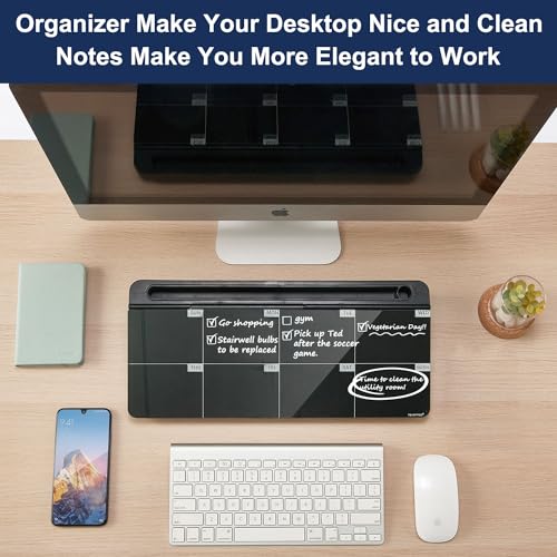 Desktop Whiteboard Dry-Erase-Board - Computer Keyboard Stand White Board Surface Pad with Drawer, Desk Organizers with Accessories for Office, Home, School Supplies - color: Black Base/Glass-weekly Calendar