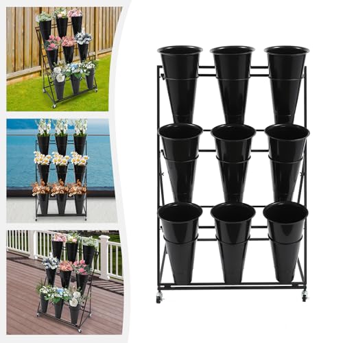 Flower Display Stand with 9 Buckets, 3 Layers, Indoor/Outdoor Flower Shelf for Patio, Living Room, Florist, Black - style: 3 Layers 9 Buckets Black