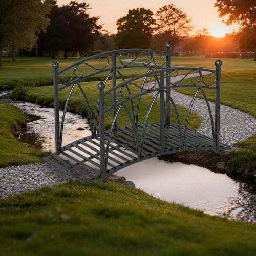 4 Ft Garden Bridge - Metal Footbridge for Outdoors, Safety Side Rails with Fashionable Patterns, Decorative Garden Arch Walkway for Stream, Creek, Pond, Black