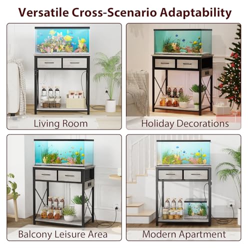 20-29-37 Gallon Fish Tank Stand with Power Outlet, Heavy Duty Metal Aquarium Stand with Two Storage Drawers for Fish Tank Accessories Storage, Perfect for Turtle Tank, Reptile Terrarium, Grey
