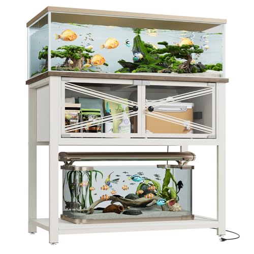 40-50 Gallon Aquarium Stand with Heavy Duty Metal Frame, Fish Tank Stand with Power Outlets, Two Glasses Door Storage Cabinet, Suitable for Turtle Tank, Reptile Tank, White+Brown