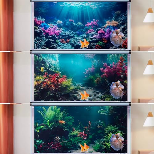 3 Pack Aquarium Background, 24x12 inches Polyester Aquarium Background, Cloth Fish Tank Background, Undersea Corals Sunshines & Rock Aquatic Plants - size: 24x12 Inch