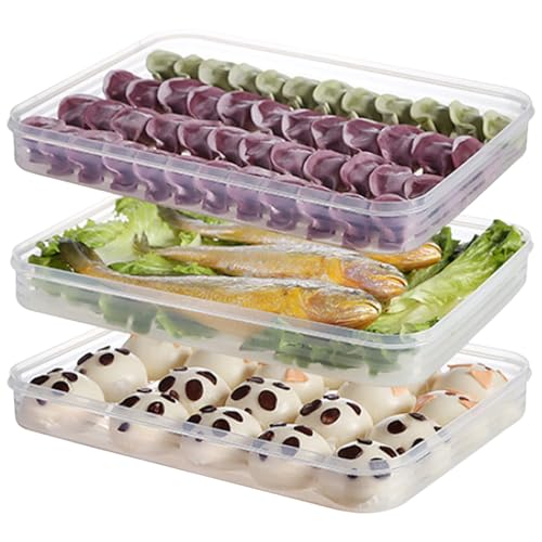 Food Storage Container 3Pcs Dumpling Container Box Food Grade Plastic Snack Stackable Cookie with Lid Transparent Microwave Fridge Safe Storage Containers for Kitchen