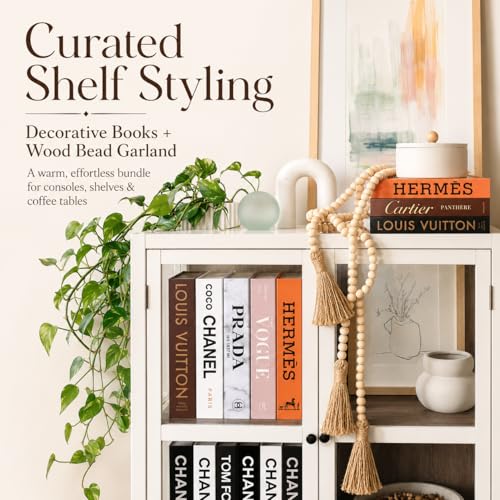 Modern Farmhouse Coffee Table Decor Set | 4 Faux Decorative Books + 58" Wood Bead Garland with Tassels | Styling Bundle for Living Room, Shelf, Tray, Housewarming Gift