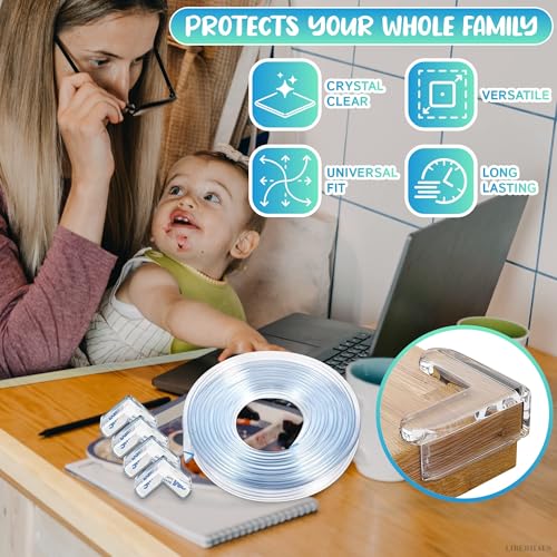 10ft Sharp Edge Protector Strip & 4 Clear Corner Guards for Furniture – Thick Cushion, Peel & Stick with Double-Sided Tape – Removable Table Corner Protectors for Sharp Edges, Cabinets & Countertops