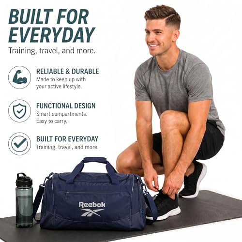 Reebok Lightweight Unisex Carry On Gym Duffle Bag for Men & Women, Sports - color: Cade - Navy Silver