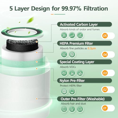 5-in-1 HEPA Air Purifier Filter for Aeocky Pandora, with Extra 2 Washable Pre-Filter, 2 Pack (Green VOCs)