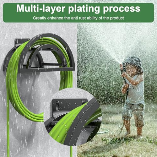OLV Hose Holder Wall Mount, Outdoor Water Hose Holder Holds 125-ft Hose, Heavy Duty Metal Detachable Hose Hanger Reel Storage Organizer, Hose Rack for Outside Garden Lawn Yard Farm, Black