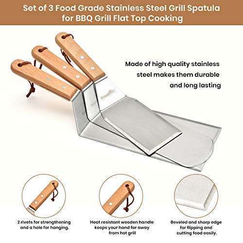 Stanbroil Stainless Steel Spatula Set Tools for Blackstone and Camp Chef Griddle, Metal Long Spatula and Hamburger Turner for Griddle Flat Top BBQ Grill, Set of 3