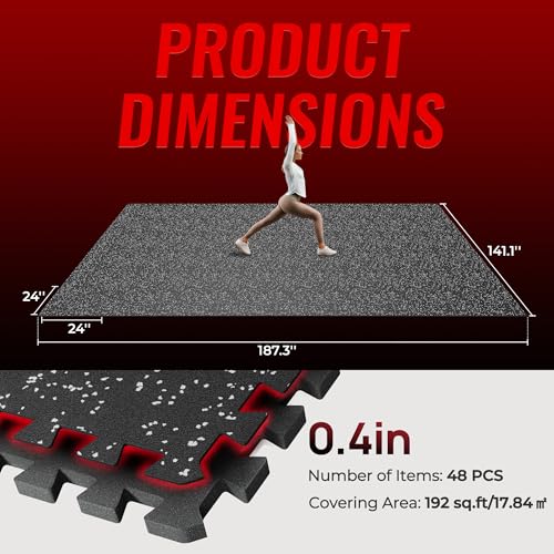 SUPERJARE 0.4'' Thick 36 Pcs 144 Sq Ft Rubber Top Exercise Equipment Mats - size: 48 Tiles (192 Sq Ft)