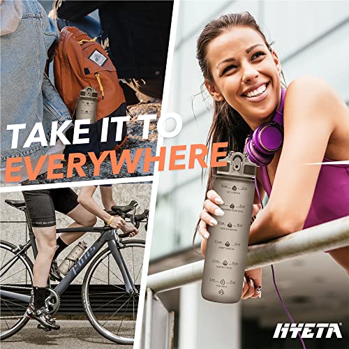 Hyeta Plastic Water Bottle With Straw & Time Marker, 32oz Leakproof Jug - color: Black Cloud