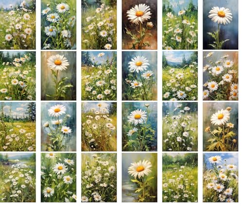 Large Stickers Pack 24 pcs ~ Serene Daisies Dance: an Artistic Journey Through Fields of White Petals and Green Foliage in Oil, Perfect for a Tranquil Stickers Collection - color: Fiftyseven