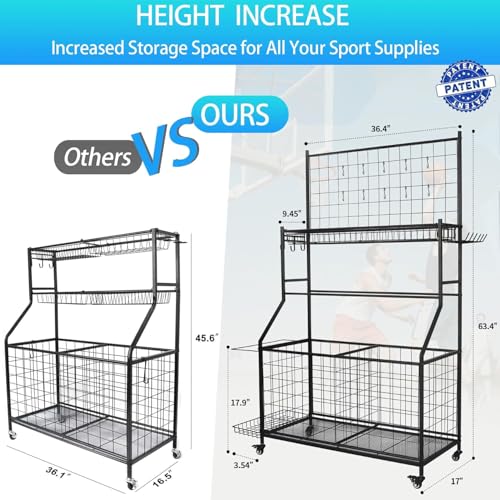 Sports Equipment Organizer,Garage Ball Storage Rack with Basketball Rack with Hooks and Rolling Wheels Cart (BLACK)