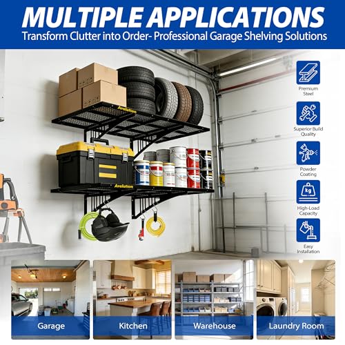 Avalution 2 Pack 2x3ft Garage Shelving Wall Mounted with Hooks,650lbs - size: 2 pack-2*3ft