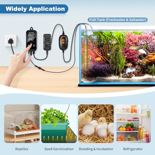 Digital Temperature Controller, Aquarium Heater Reptile Thermostat Heating and Cooling Dual Outlet with Seawater-Resistant Probe for Fish Tanks, Reptile Tanks, Greenhouse & Seedling Mat