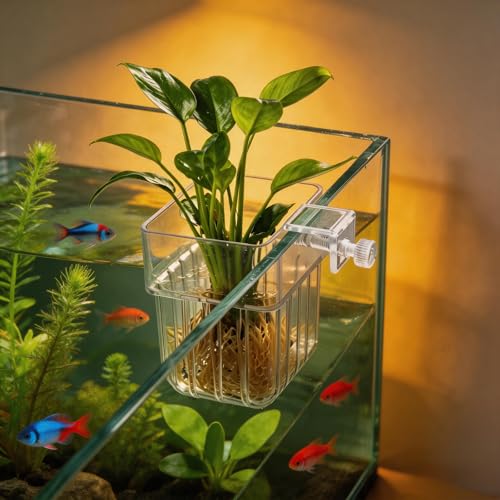 Chedin 2 Pack Clear Acrylic Aquarium Plant Holder, Hanging Fish Tank Planter with Adjustable Hooks, Hydroponic Plant Cup for Aquascaping, Betta Tank, Shrimp Tank & Aquarium Decoration