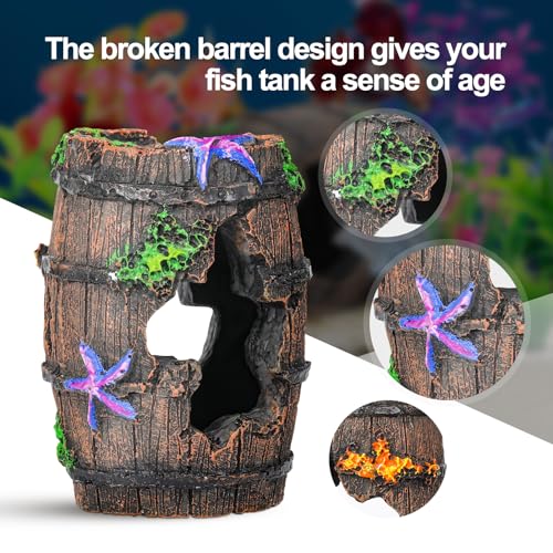 Fish Broken Barrel Decor Fish Tank Decorations Betta Fish Tank Accessories,Starfish Barrel x 1pc, Aquarium Plants x 11pcs - size: 12 Pcs