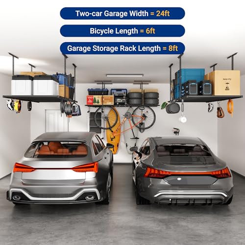 FLEXIMOUNTS 4x8 Overhead Garage Ceiling Storage Rack with 6 Hooks, Black | 750lbs Capacity, 22.6"–39.4" Adjustable Dropdown, Heavy-Duty Metal Ceiling Racks, Storage Organization System, Lite Series - color: Black