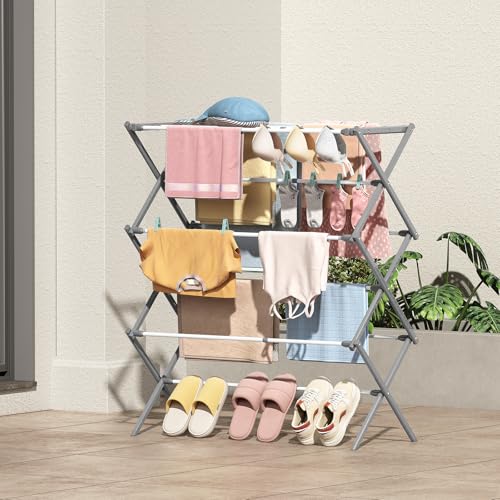KINGBOARD 3-Tier Extendable Clothes Drying Rack, Foldable, White & Grey | 37.4"H x 33.8"W x 11.2"D, Space-Saving Collapsible, Easy Assembly, Rust-Resistant Iron Frame, Indoor Outdoor Use, 25lb - color: White&grey