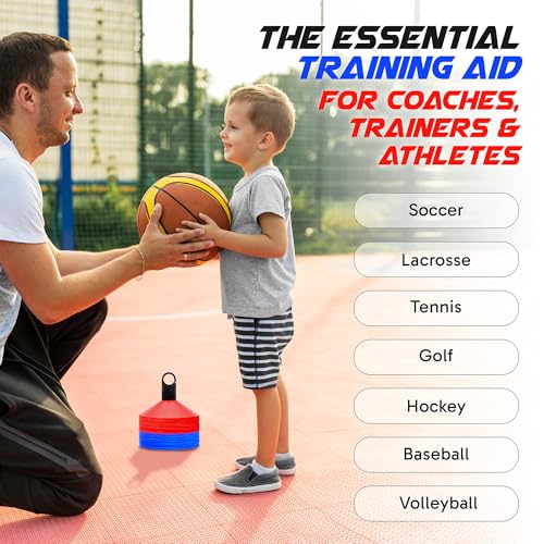 Pro Disc Cones (Set of 50) - Agility Soccer Cones with Carry Bag and Holder for Sports Training, Football, Basketball, Coaching, Practice Equipment, Kids - Includes 15 Best Cone Drills Book - color: Orange and Yellow