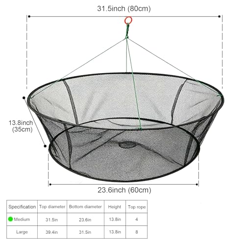 Portable Folded Fishing Net, Crab Net Fish Net with Fishing Rope, Hand Casting Cage Crab Net, Foldable Fishing Mesh Trap for,Minnows,Lobster,Crawfish, Shrimp etc. - size: 31.5 inches (80 cm)