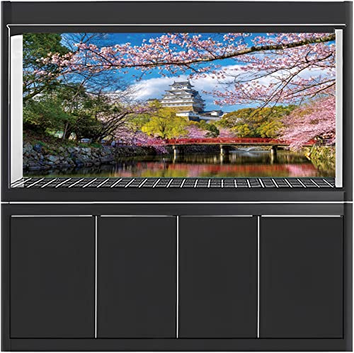 AWERT 72x18 inches Spring Nature Aquarium Background Spring Pink Flowers Cherry Japanese Temple Fish Tank Background Vinyl Background - size: 72x18in/180x45cm